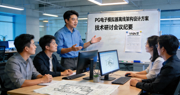 PG电子模拟器开发团队在现代化办公室中进行技术研讨与离线架构设计